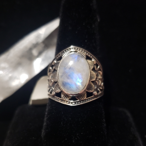 Rainbow Moonstone Flower Ring ~ 925 Sterling Silver - Picture 14 of 16